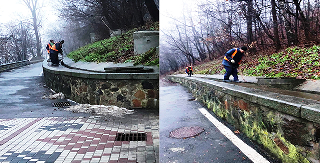 Очищення водовідвідних лотків за підпірними стінами біля пішохідного мосту через р. Дніпро