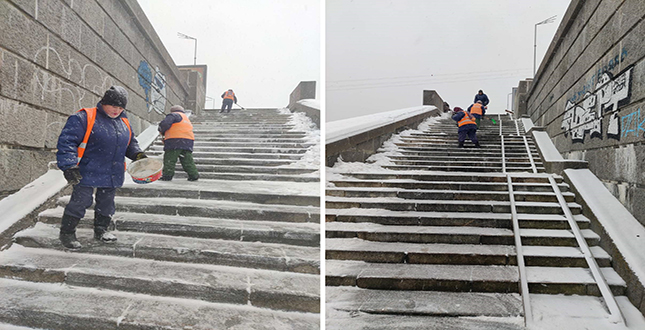 Очищення сходів гранітної набережної Дніпра та прибирання зливоприймальних систем Паркової дороги від снігу