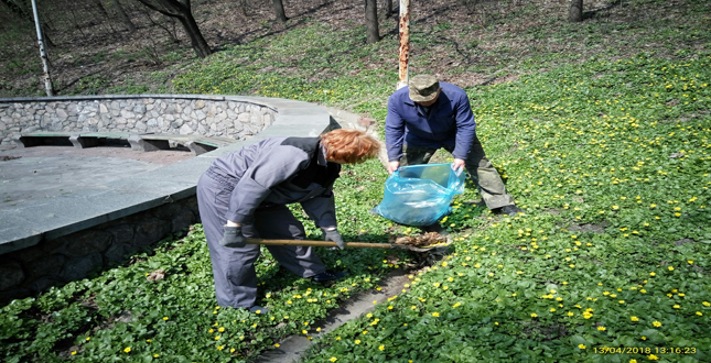 Очищення водовідвідних лотків на схилах біля Національного музею історії України у Другій світовій війні